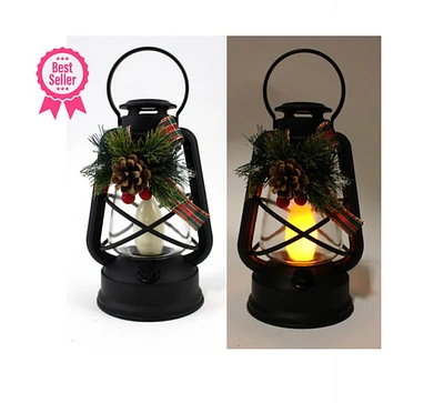 LED Lantern with Pine, Holly and Bow