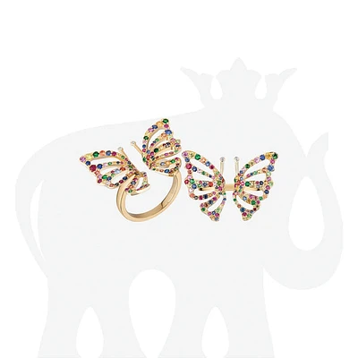 18K Yellow Gold Rainbow Sapphire & Diamond Butterfly Ring