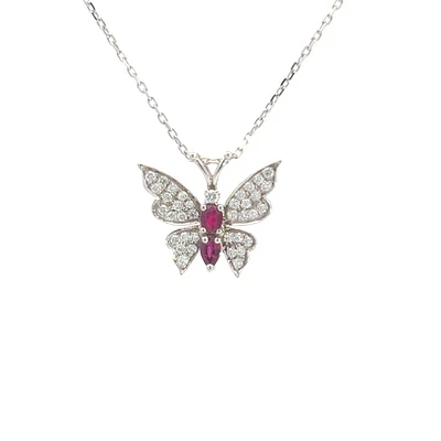 14K White Gold Ruby and Diamond Butterfly Necklace  - 18"