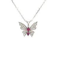 14K White Gold Ruby and Diamond Butterfly Necklace  - 18"
