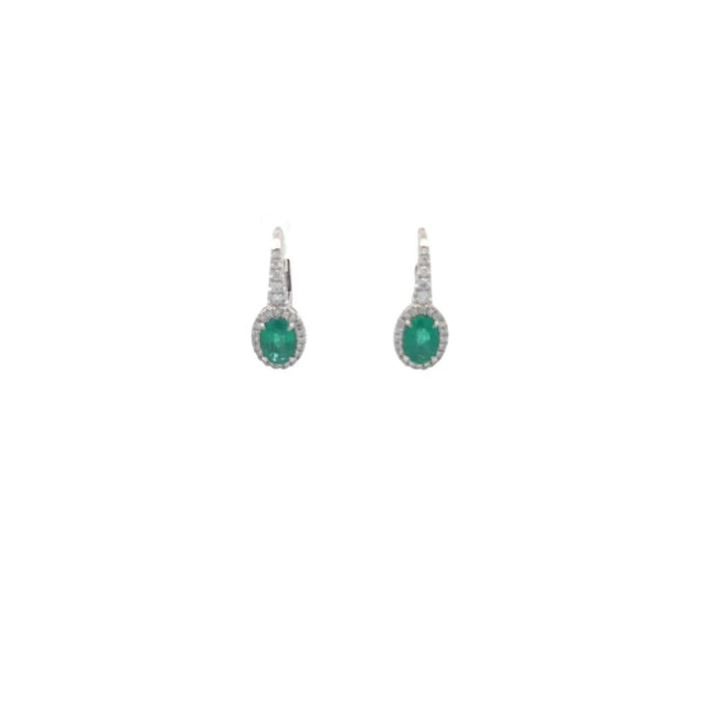 18K White Gold 0.90 cttw Emerald and White Diamond Earrings