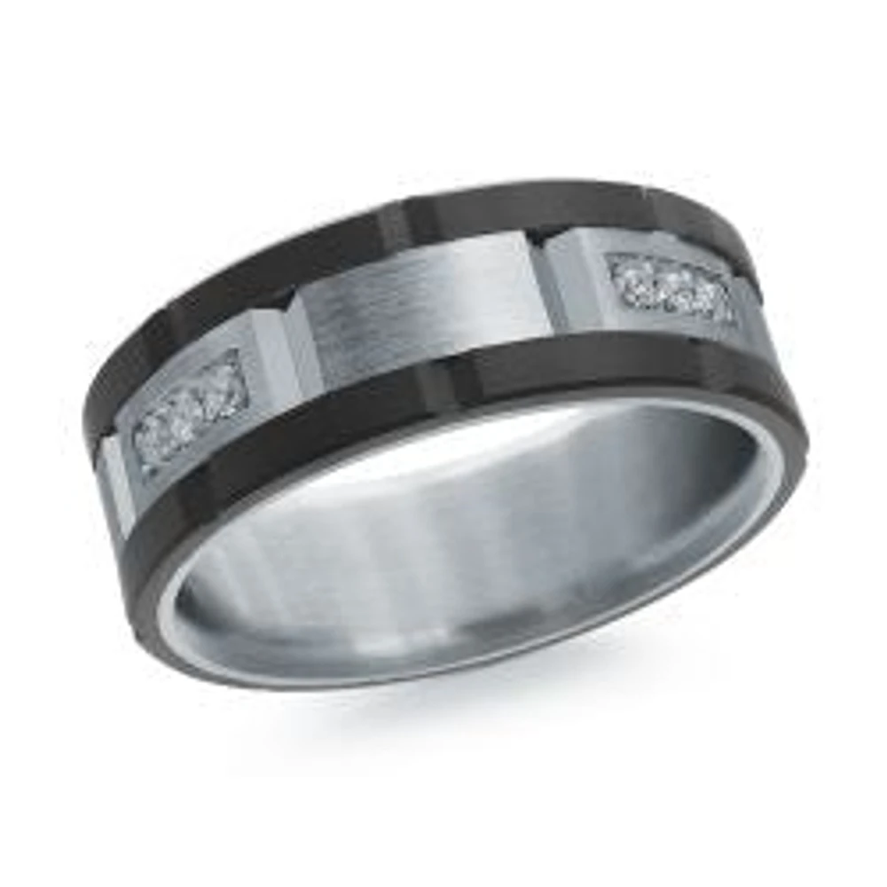 14K White Gold and Carbon-Fiber and 0.24cttw Diamond Mens Band