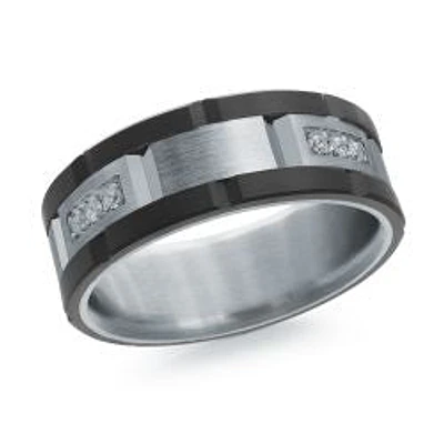 14K White Gold and Carbon-Fiber and 0.24cttw Diamond Mens Band