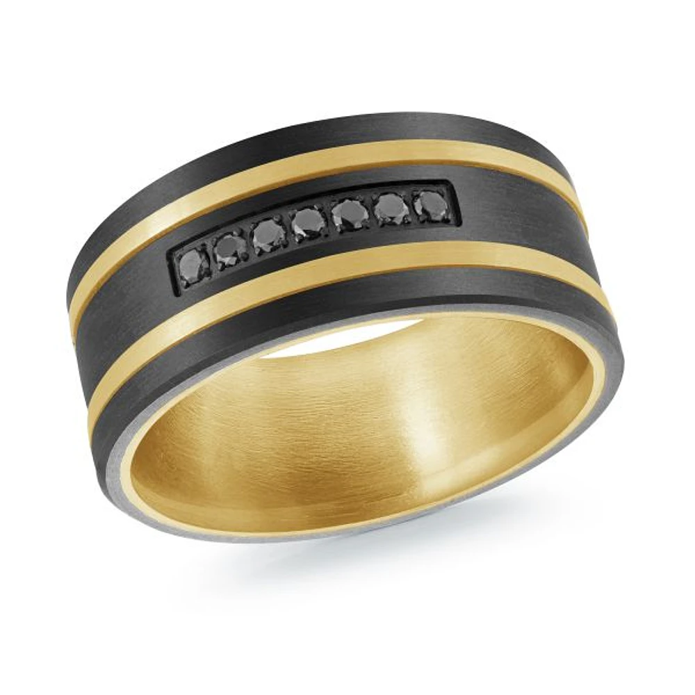 14K Yellow Gold, Titanium, Carbon-Fiber and 0.11cttw Black Diamond Mens Band