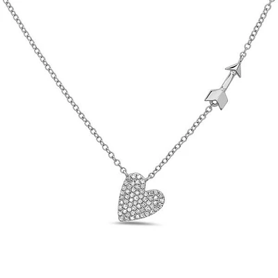 14K White Gold Diamond Heart Pendant, 18"