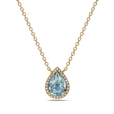 14K Yellow Gold Blue Topaz & Diamond Pendant