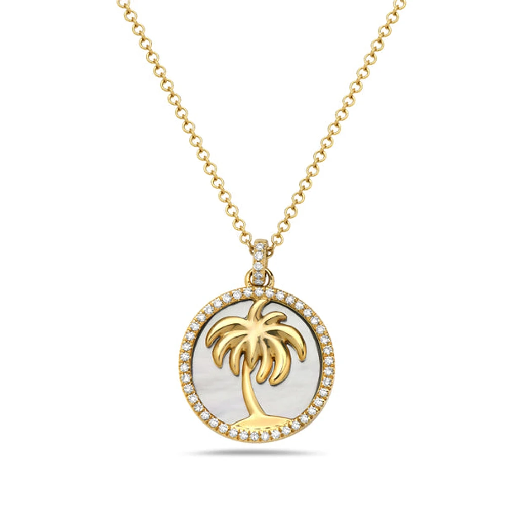 14K Yellow Gold and 0.11cttw Diamond with Mother of Pearl Palm Tree Necklace, 18 inches