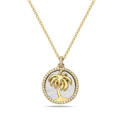 14K Yellow Gold and 0.11cttw Diamond with Mother of Pearl Palm Tree Necklace, 18 inches