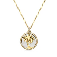 14K Yellow Gold and 0.11cttw Diamond with Mother of Pearl Palm Tree Necklace, 18 inches