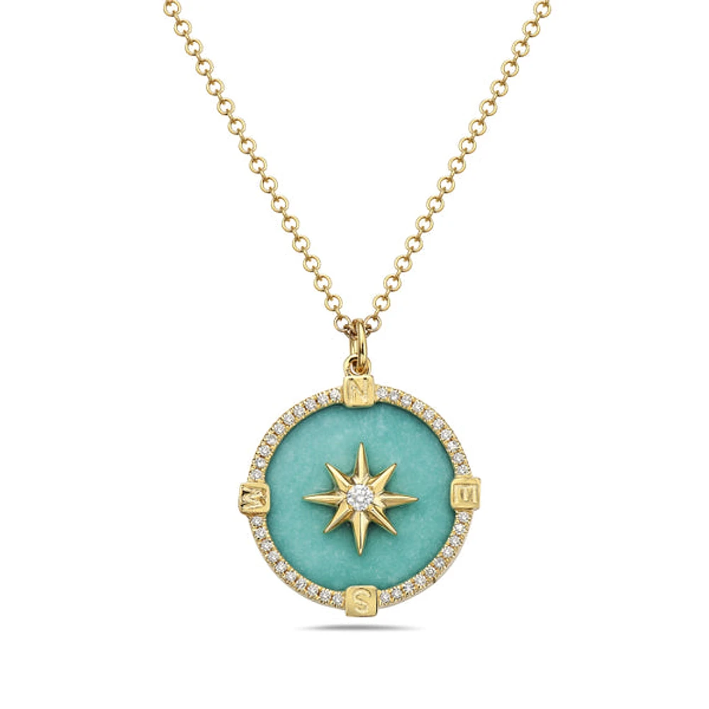 14K Yellow Gold and 0.12cttw Diamond with Turqoise Compass Necklace, 18 inches