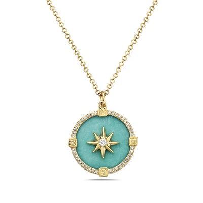 14K Yellow Gold and 0.12cttw Diamond with Turqoise Compass Necklace, 18 inches