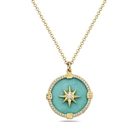 14K Yellow Gold and 0.12cttw Diamond with Turqoise Compass Necklace, 18 inches