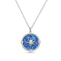 14K White Gold and 0.12cttw Diamond with Opal Compass Necklace, 18 inches