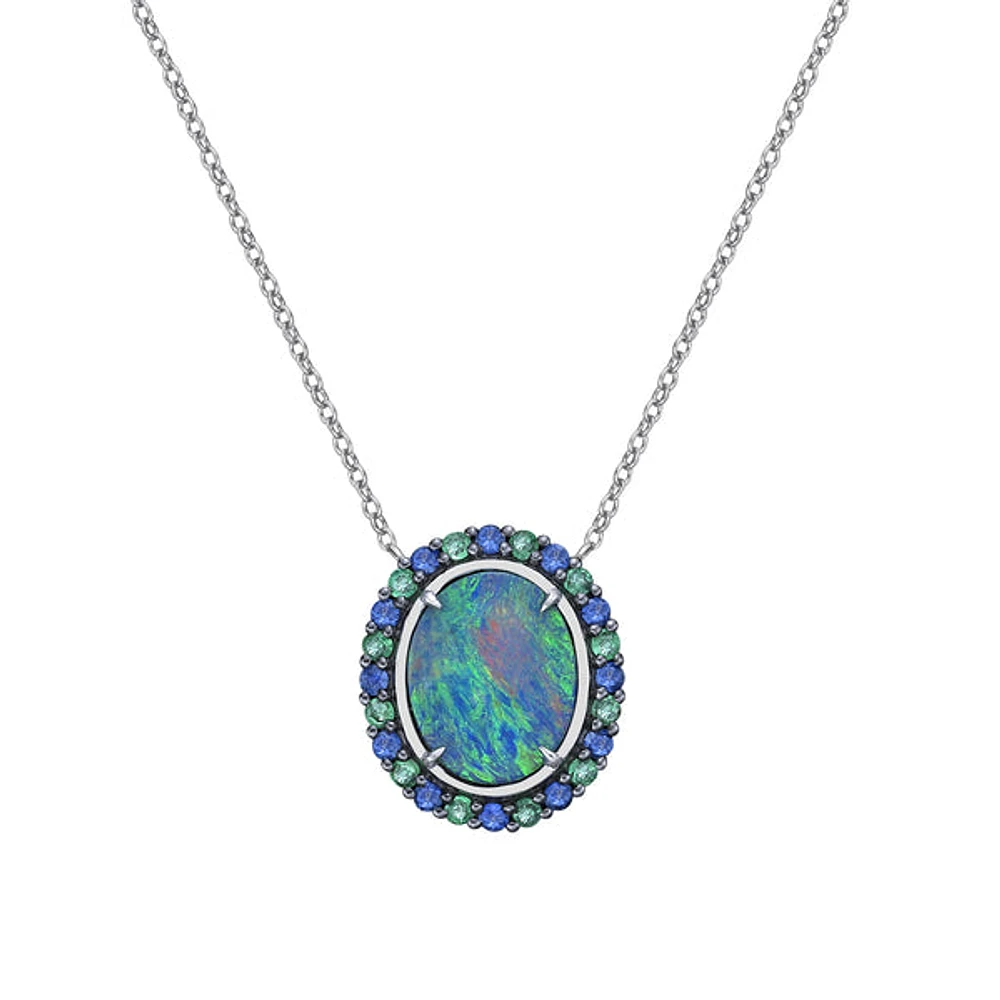 10K Gold Australian Opal Doublet Necklace with Emerald & Sapphire Halo