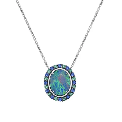 10K Gold Australian Opal Doublet Necklace with Emerald & Sapphire Halo