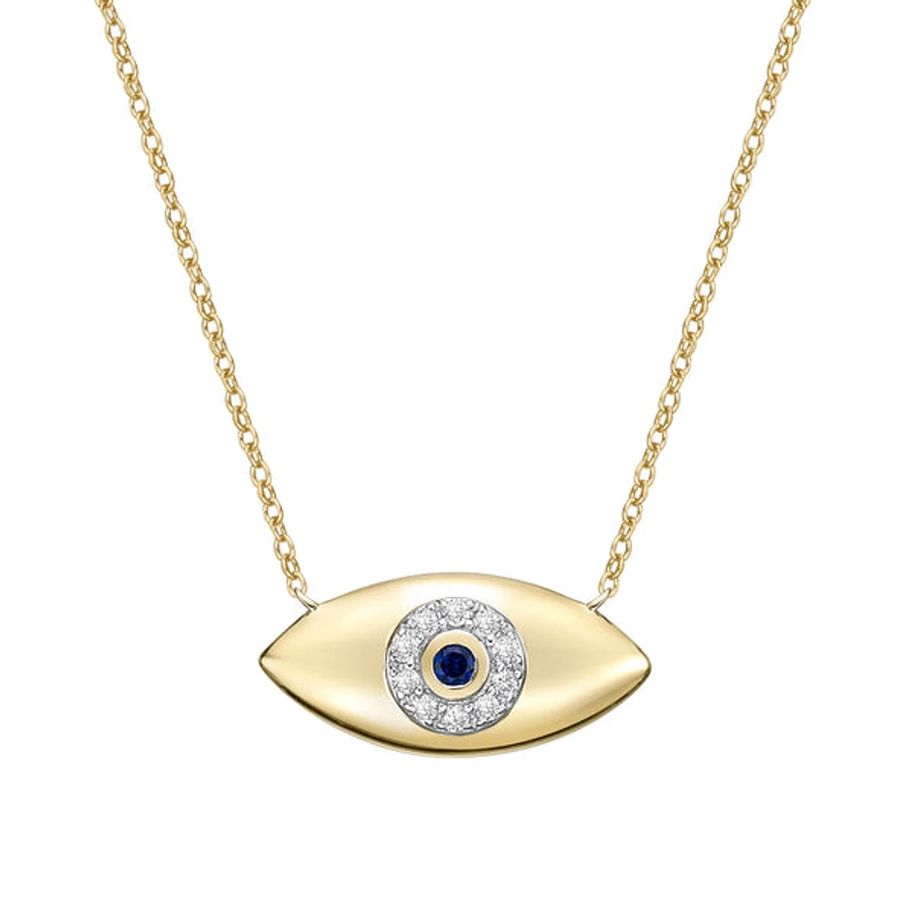 10K Yellow Gold Pave-set blue Sapphire & Diamond evil eye Necklace