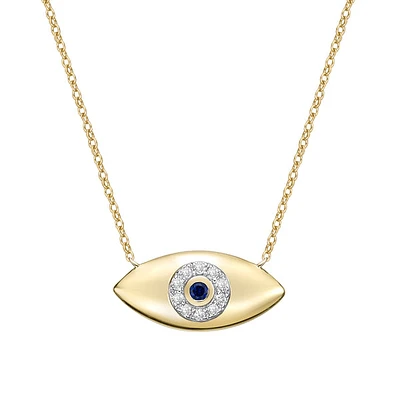 10K Yellow Gold Pave-set blue Sapphire & Diamond evil eye Necklace