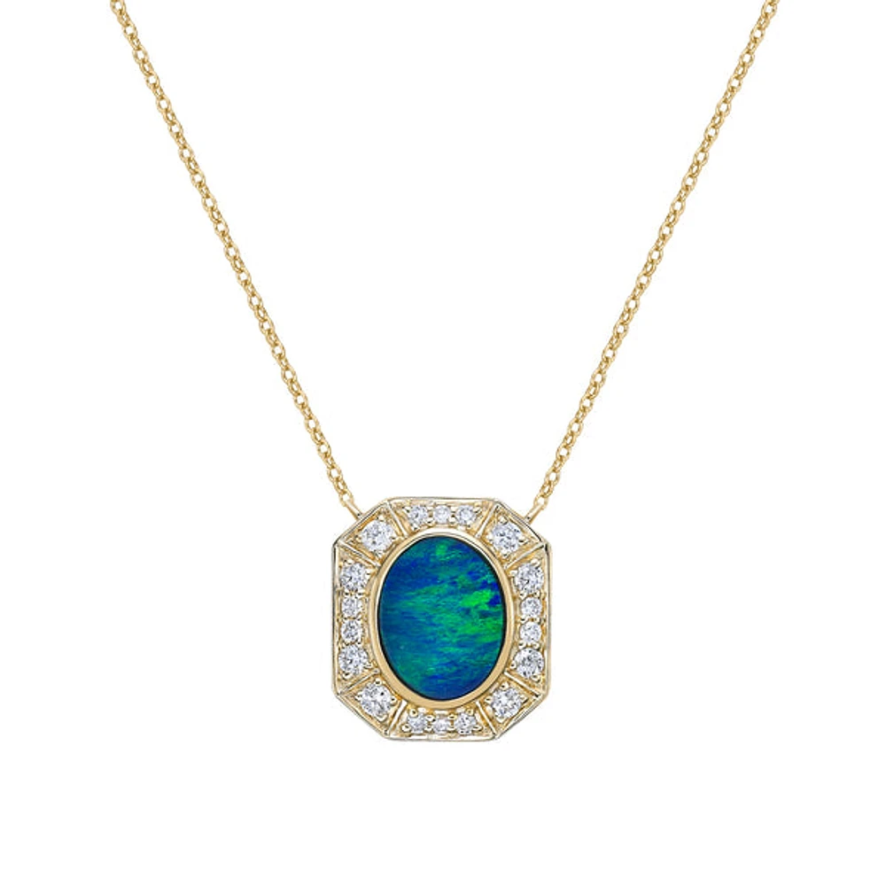 10K Yellow Gold Bezel-set australian Opal Doublet Necklace with Diamond Halo