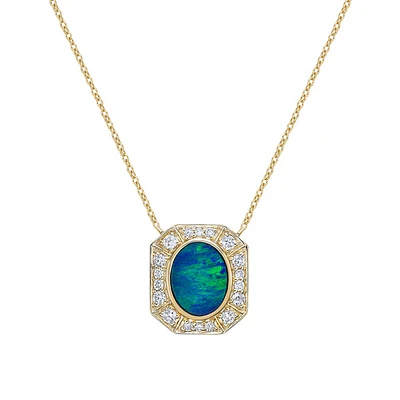 10K Yellow Gold Bezel-set australian Opal Doublet Necklace with Diamond Halo