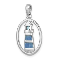 Sterling Silver Rhodium-Plated Polished Oval Adventurine and CZ Lighthouse Pendant