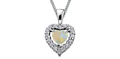 10K White Gold Opal and Diamond Heart Necklace, 18"