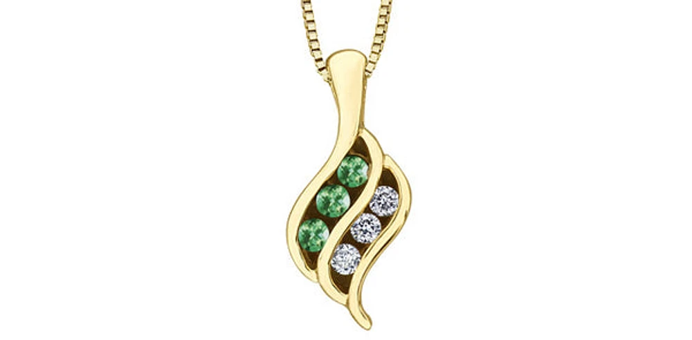 10K Yellow Gold 0.045 cttw Diamond and Emerald Pendant, 18"
