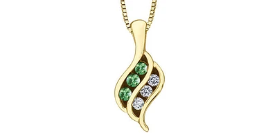 10K Yellow Gold 0.045 cttw Diamond and Emerald Pendant, 18"