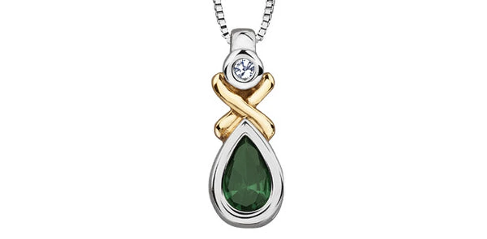 10K White and Yellow Gold 0.015 cttw Diamond and Emerald Pendant, 18"
