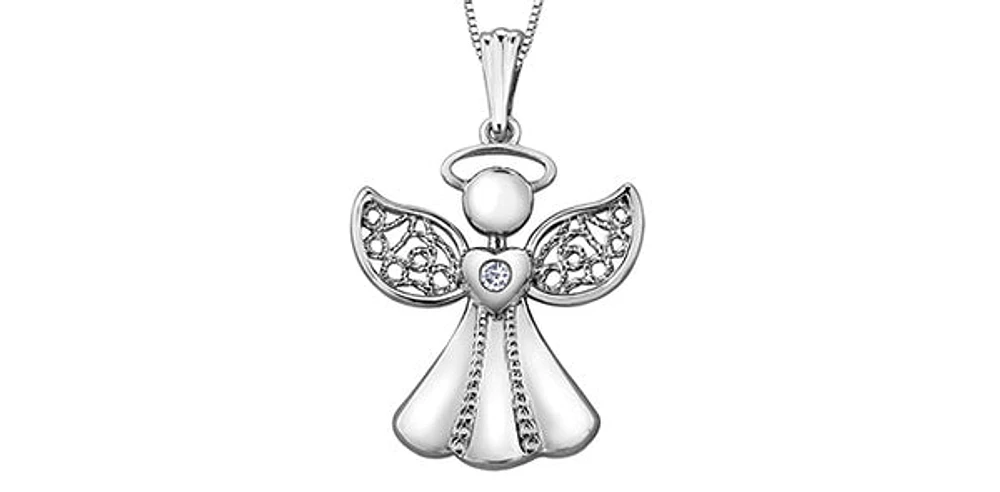 10K White Gold 0.015 cttw  Diamond  Angel Pendant, 18"