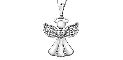 10K White Gold 0.015 cttw  Diamond  Angel Pendant, 18"