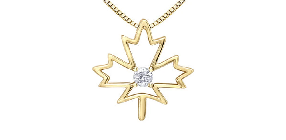 10K  Yellow Gold 0.08cttw Canadian Diamond Maple Leaf Necklace, 18"