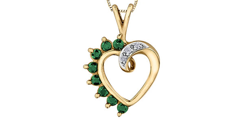10K Yellow Gold 0.03 cttw Diamond and Emerald Heart Pendant, 18"