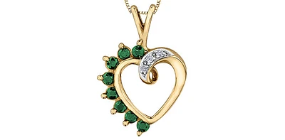10K Yellow Gold 0.03 cttw Diamond and Emerald Heart Pendant, 18"