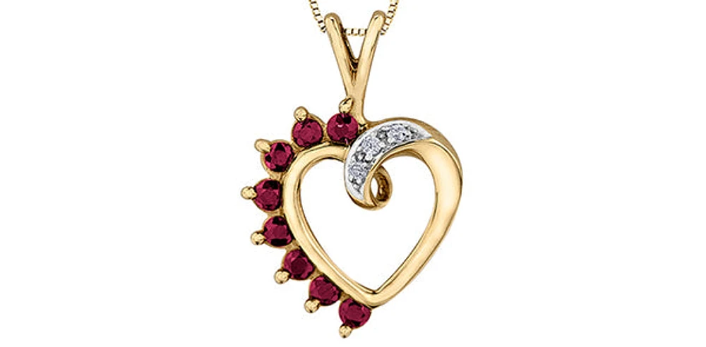 10K Yellow Gold 0.03 cttw Diamond and Ruby Heart Pendant, 18"