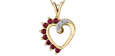 10K Yellow Gold 0.03 cttw Diamond and Ruby Heart Pendant, 18"