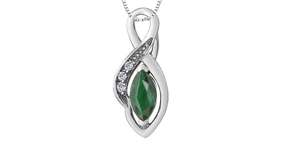 10K White Gold Diamond and Emerald Pendant, 18"