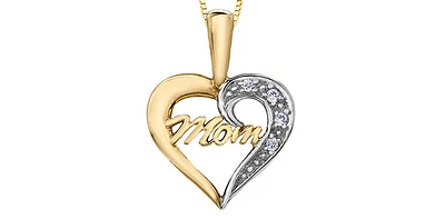 10K Yellow Gold 0.02 cttw Diamond "Mom" Heart Pendant, 18"