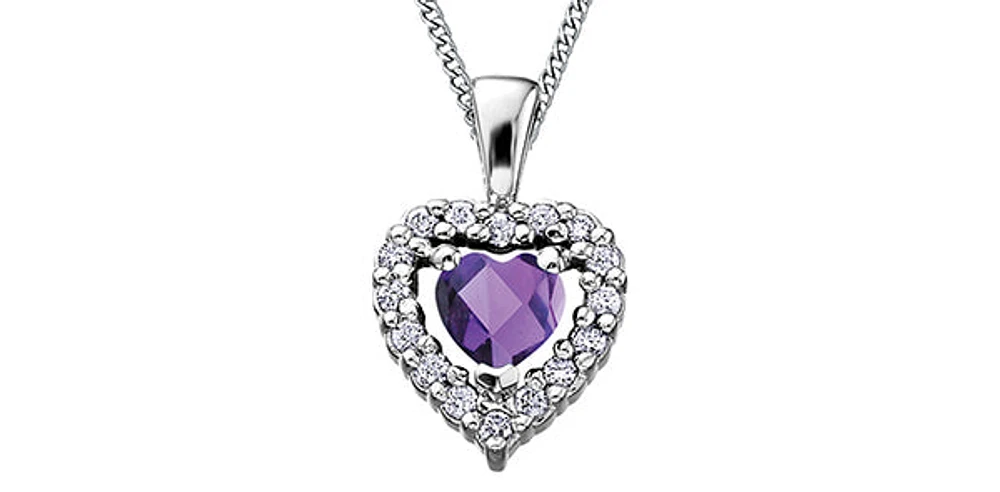 10K White Gold Amethyst and Diamond Heart Necklace, 18"