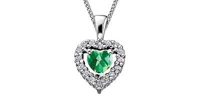 10K White Gold Emerald and Diamond Heart Necklace, 18"