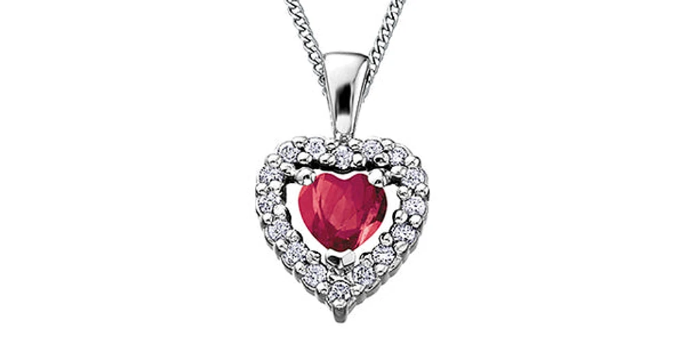 10K White Gold Ruby and Diamond Heart Necklace, 18"