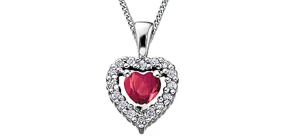10K White Gold Ruby and Diamond Heart Necklace, 18"