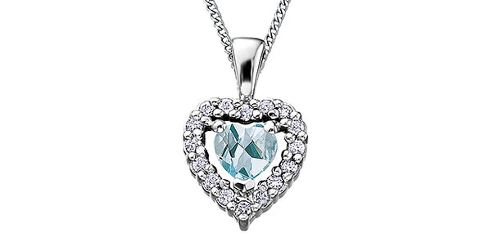 10K White Gold Aquamarine and Diamond Heart Necklace, 18"