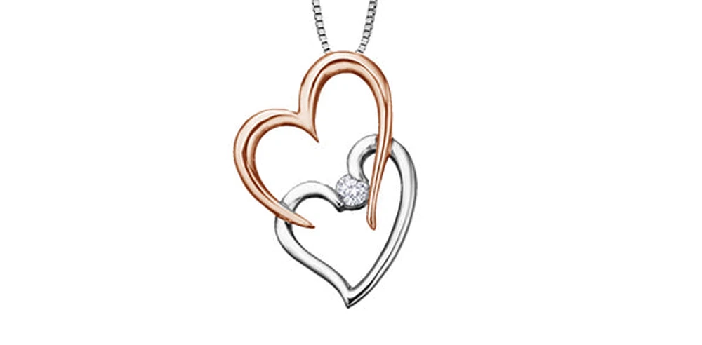 10K White and Rose Gold Double Heart Pendant with 0.042 ct Canadian Diamond