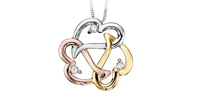 10K Tri Tone Gold Triple Heart Pendant with 0.16 cttw Canadian Diamonds