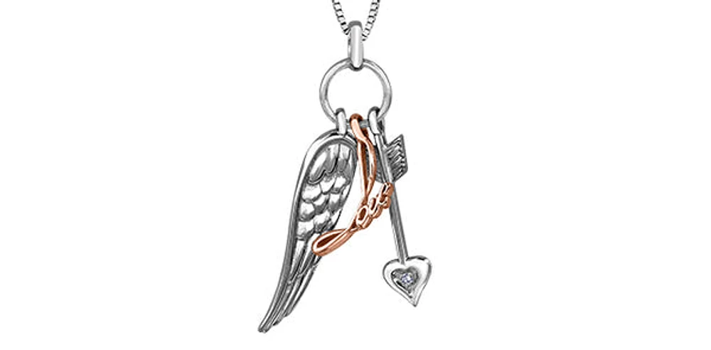 Sterling Silver & 10K Rose Gold 0.007cttw Diamond Arrow and Wing Necklace