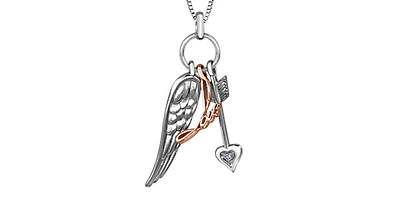 Sterling Silver & 10K Rose Gold 0.007cttw Diamond Arrow and Wing Necklace