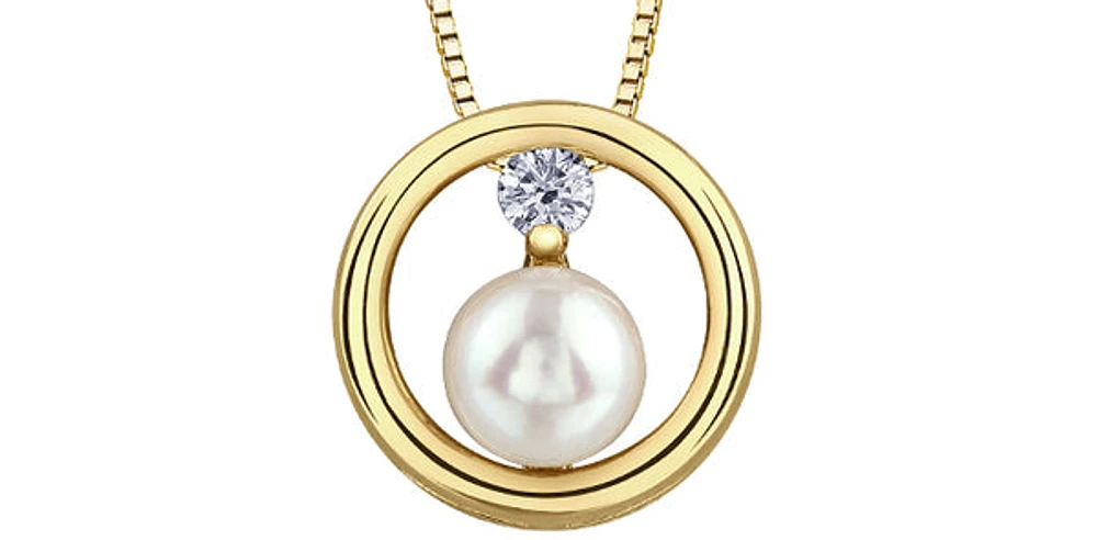 10K Yellow Gold 0.06cttw Canadian Diamond and Pearl Pendant, 18"
