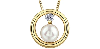 10K Yellow Gold 0.06cttw Canadian Diamond and Pearl Pendant, 18"