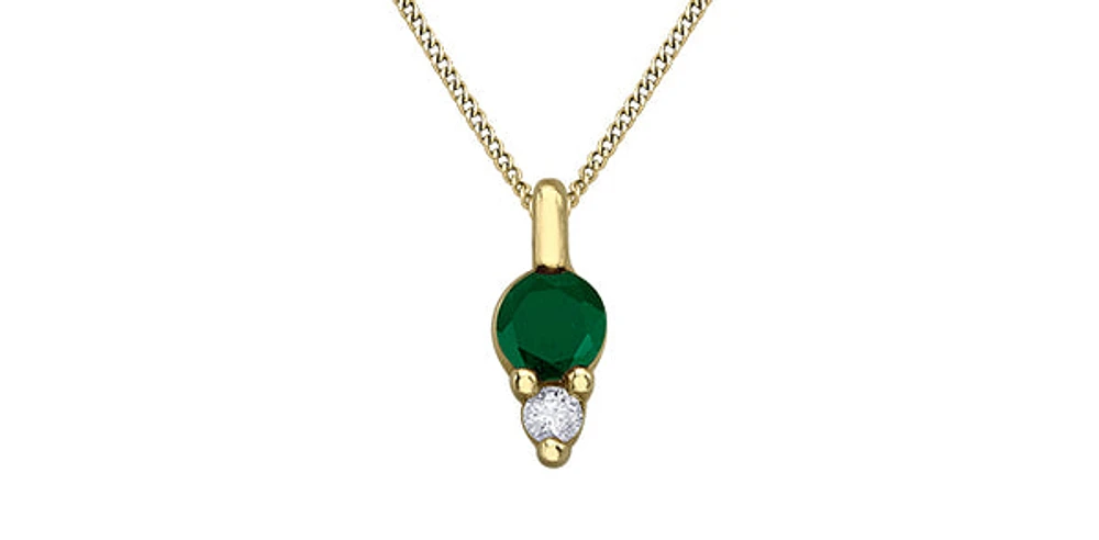 10K Yellow Gold Round Cut Emerald and Diamond Pendant, 18"