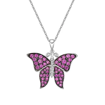 10K White Gold Pink Sapphire & diamond butterfly pendant